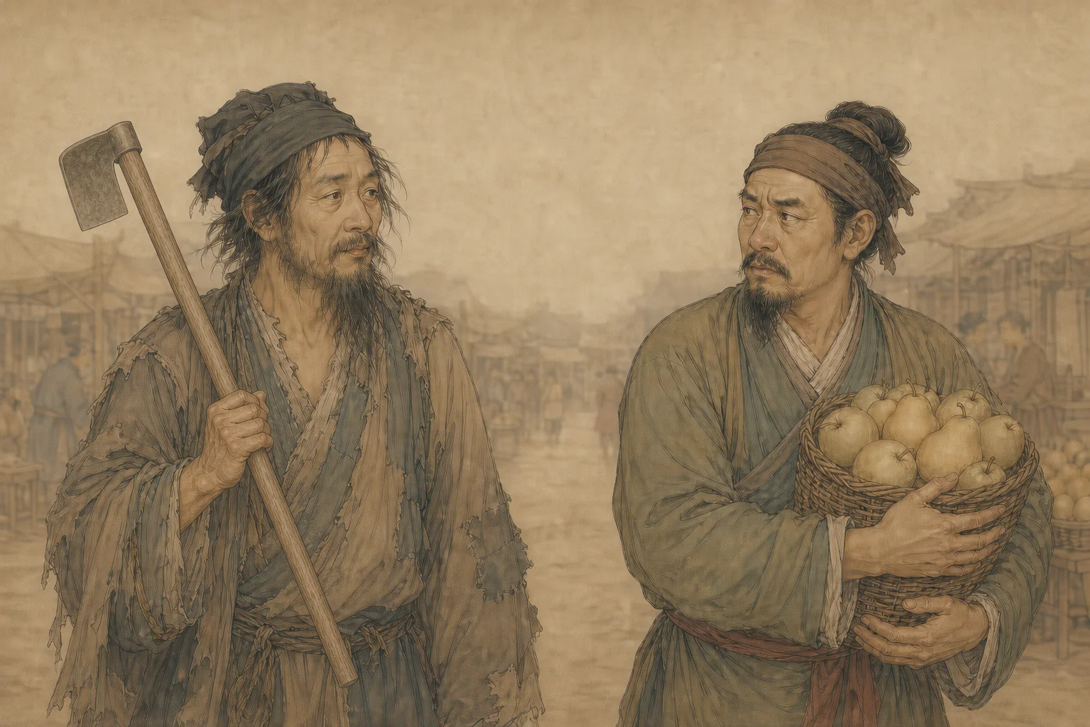 《种梨》人物图：左侧破巾絮衣的道士手持短柄掘土工具，右侧卖梨乡人守着装满梨的木车