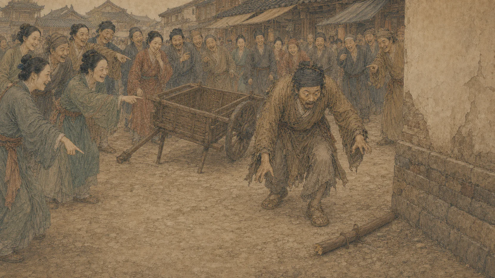 《种梨》结尾:集市上卖梨乡人面对已经空掉且缺少一根车把的木车,墙角留着新断的车把,众人发笑,道士和梨树已不见