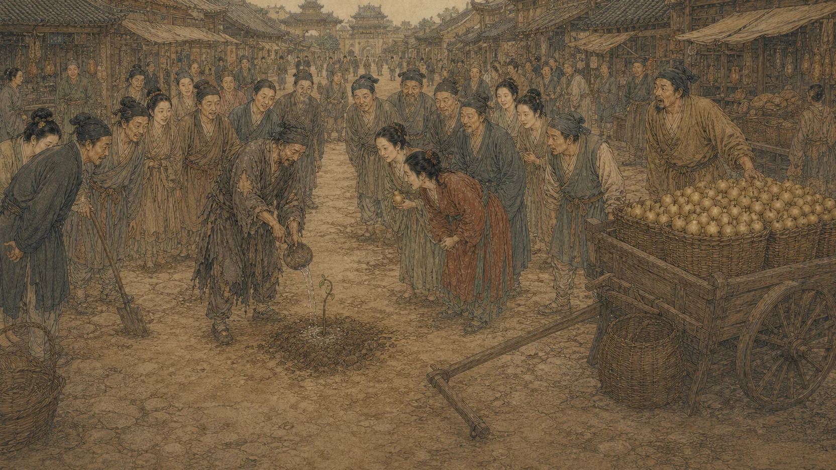 《种梨》16比9主场景:清代集市上,破巾絮衣的道士把热水浇进土坑,嫩芽刚破土,卖梨乡人的木车仍装满梨,众人围观