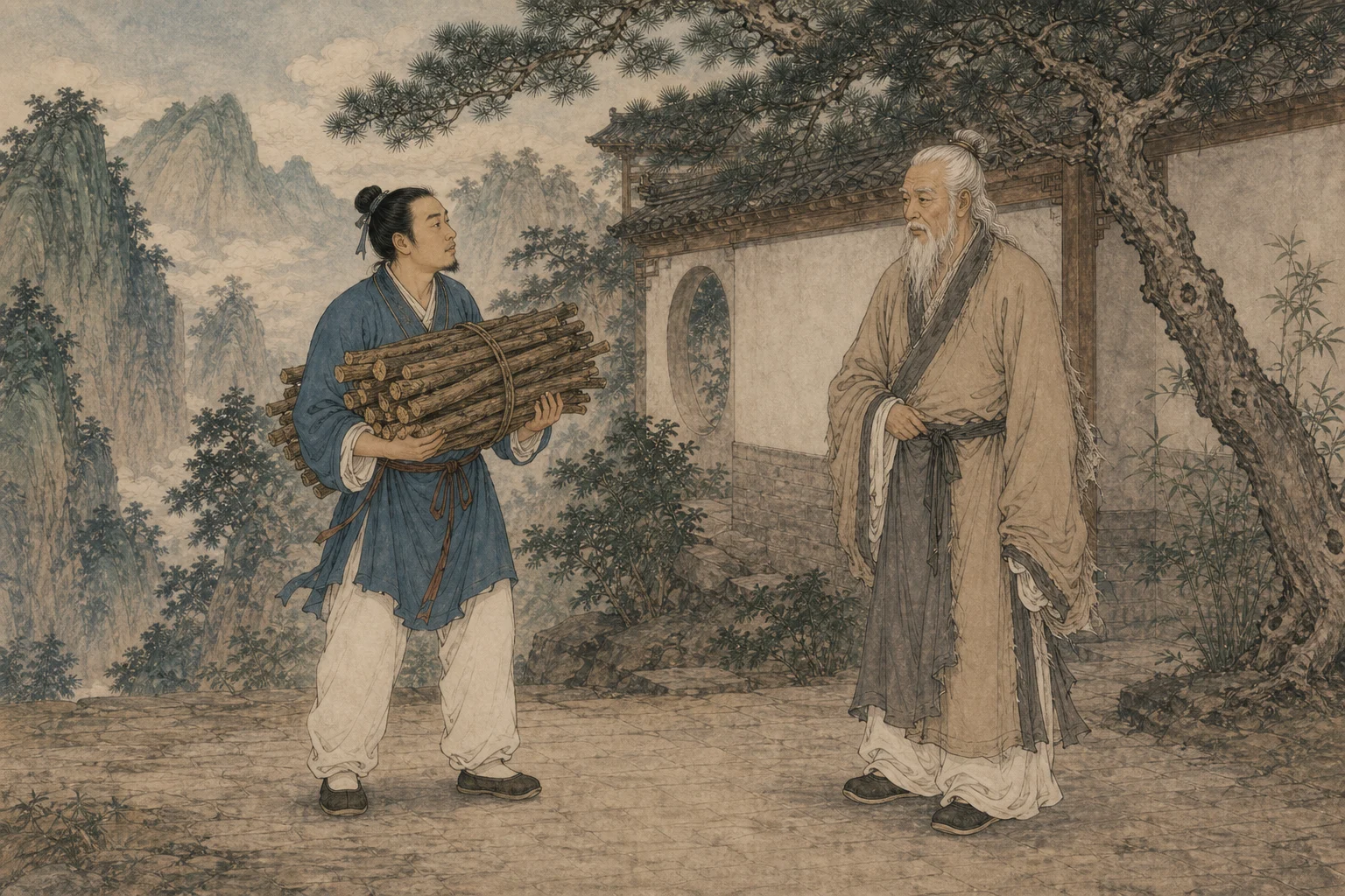 《劳山道士》人物图：左侧王生身穿蓝衣抱着一大捆柴，右侧白发道士着素色道袍抬手示意