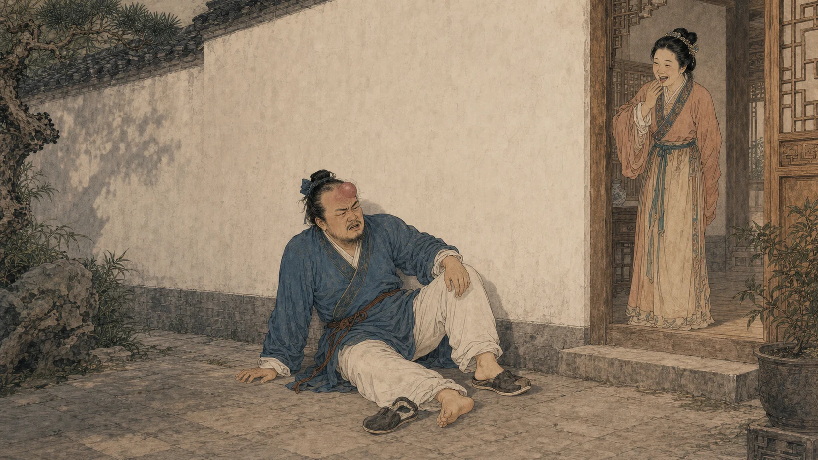 《劳山道士》结尾：王生撞上完整白墙跌坐在地，额头红肿，妻子倚门发笑，墙体没有穿透