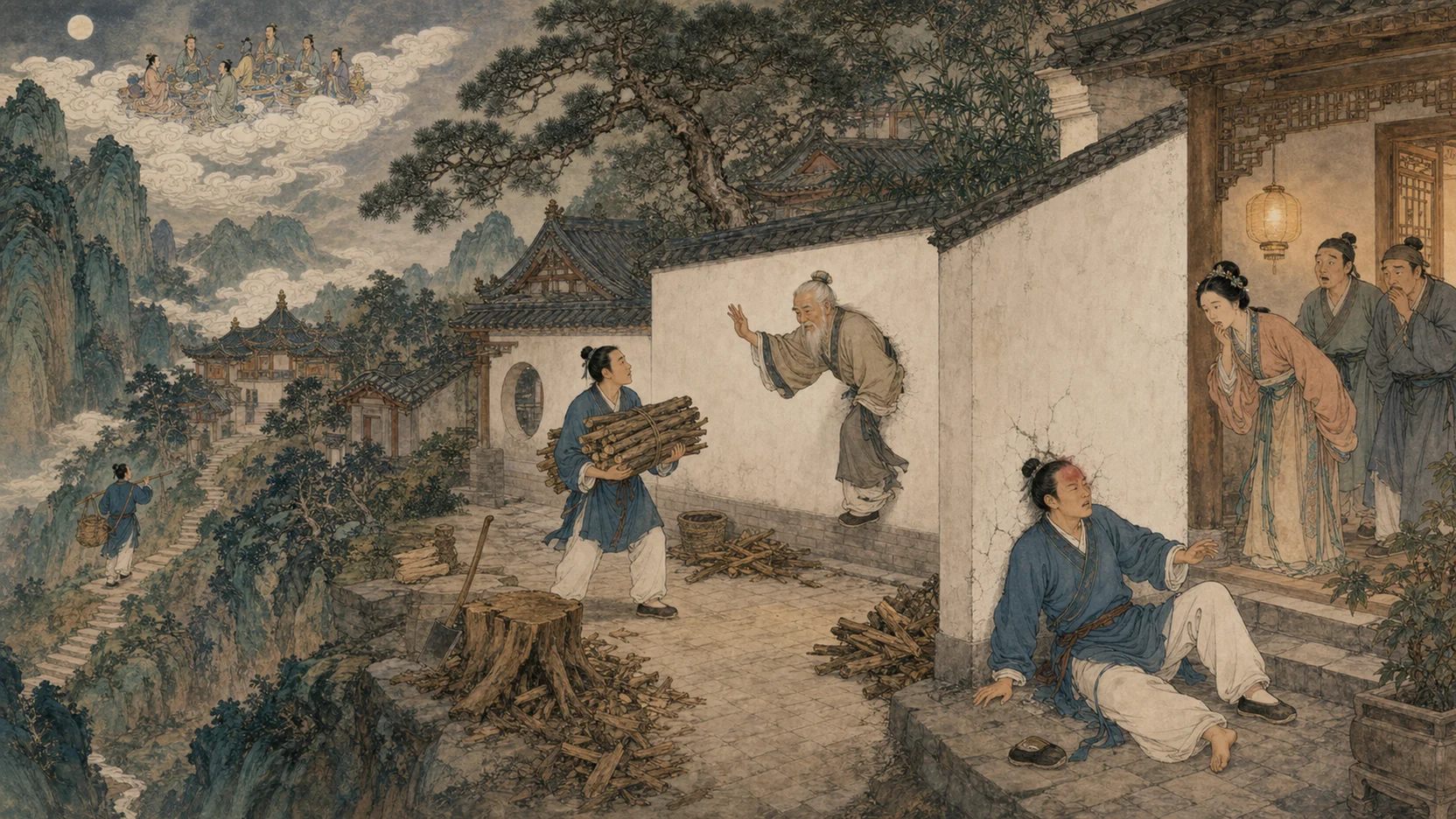 《劳山道士》16比9叙事全景：山路与道观、月中饮宴、王生抱柴、道士穿墙，以及返家撞墙后的妻子与旁观者