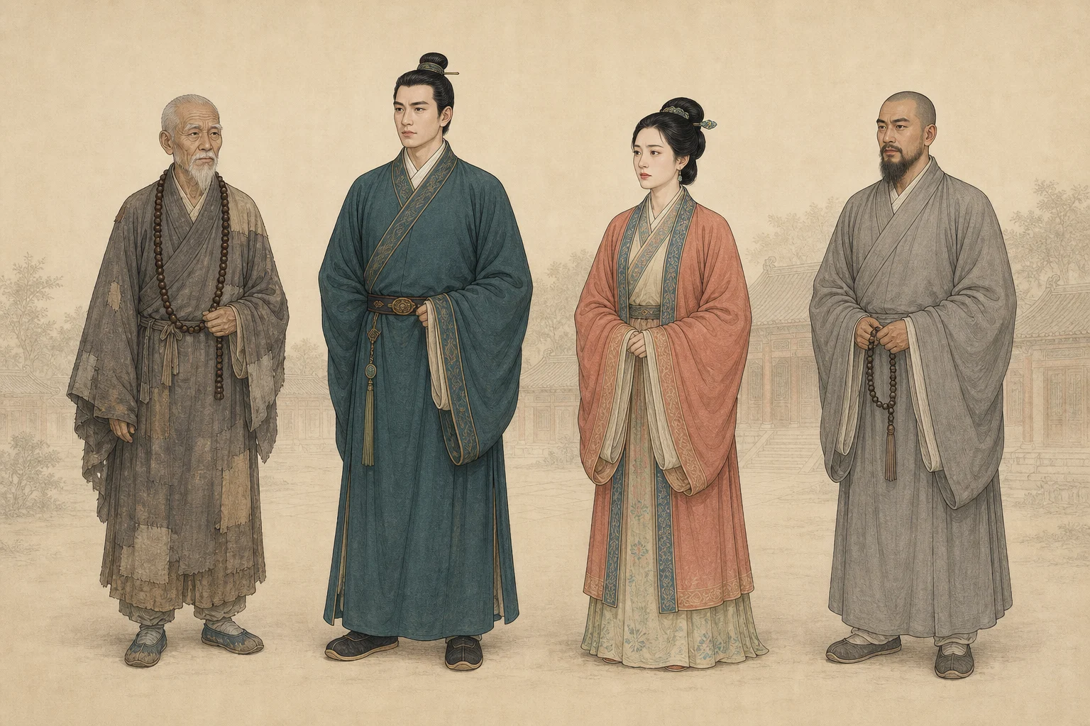 《长清僧》人物图：七十余岁的老僧原身、约三十岁的公子新身、成年夫人与首席弟子分列