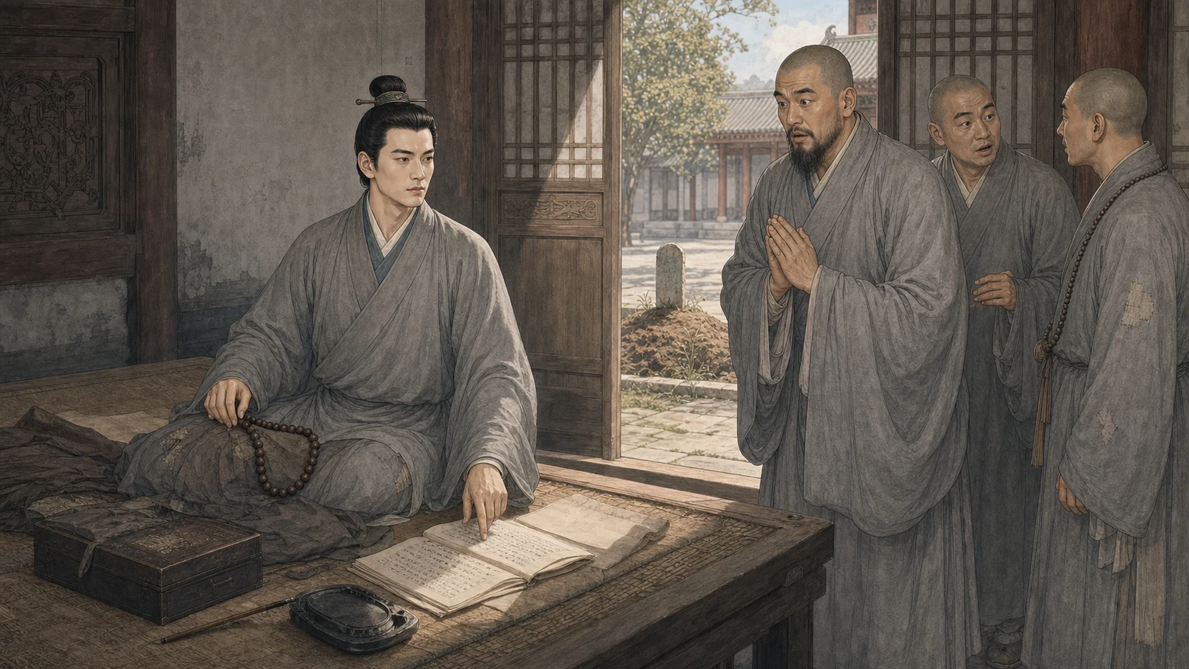约三十岁的公子新身穿灰色僧衣,坐在老僧故榻上手持念珠、指向旧手稿,首席弟子与众僧由怀疑转为相信,门外可见孤坟