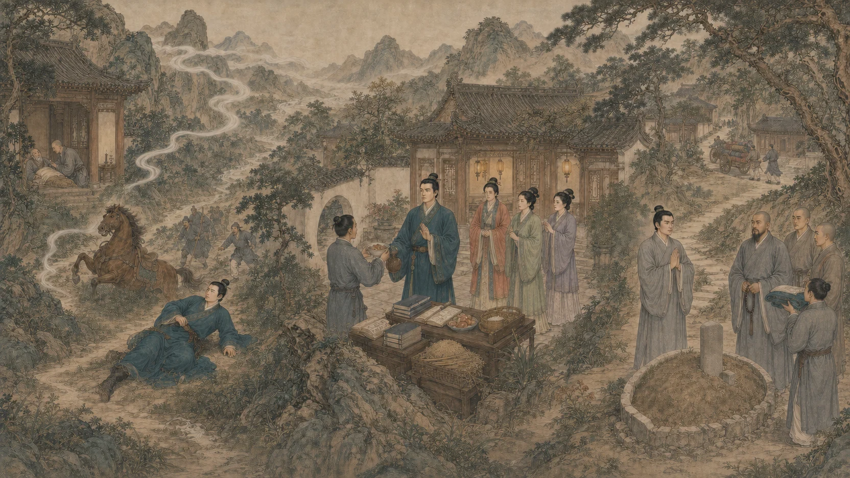 《长清僧》连续主图:老僧圆寂、公子坠马借体、豪门中拒绝酒肉妻妾账簿、回旧寺见墓与拒绝馈赠