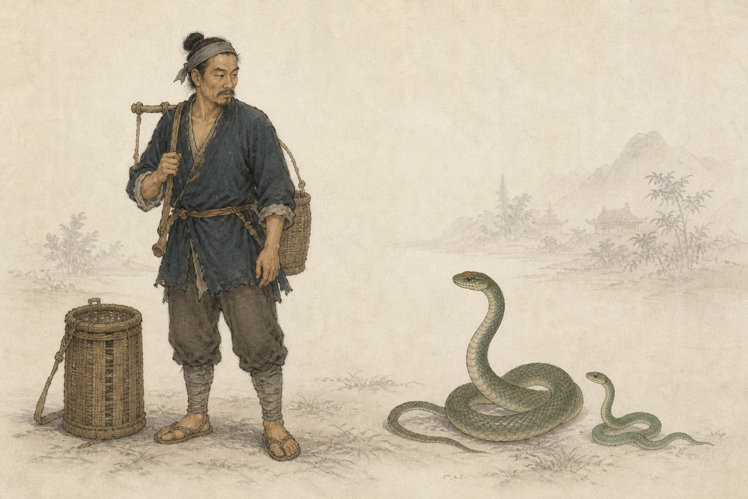 《蛇人》人物与动物母本：深靛短褐的成年蛇人、额有朱点的二青和体形较小的小青
