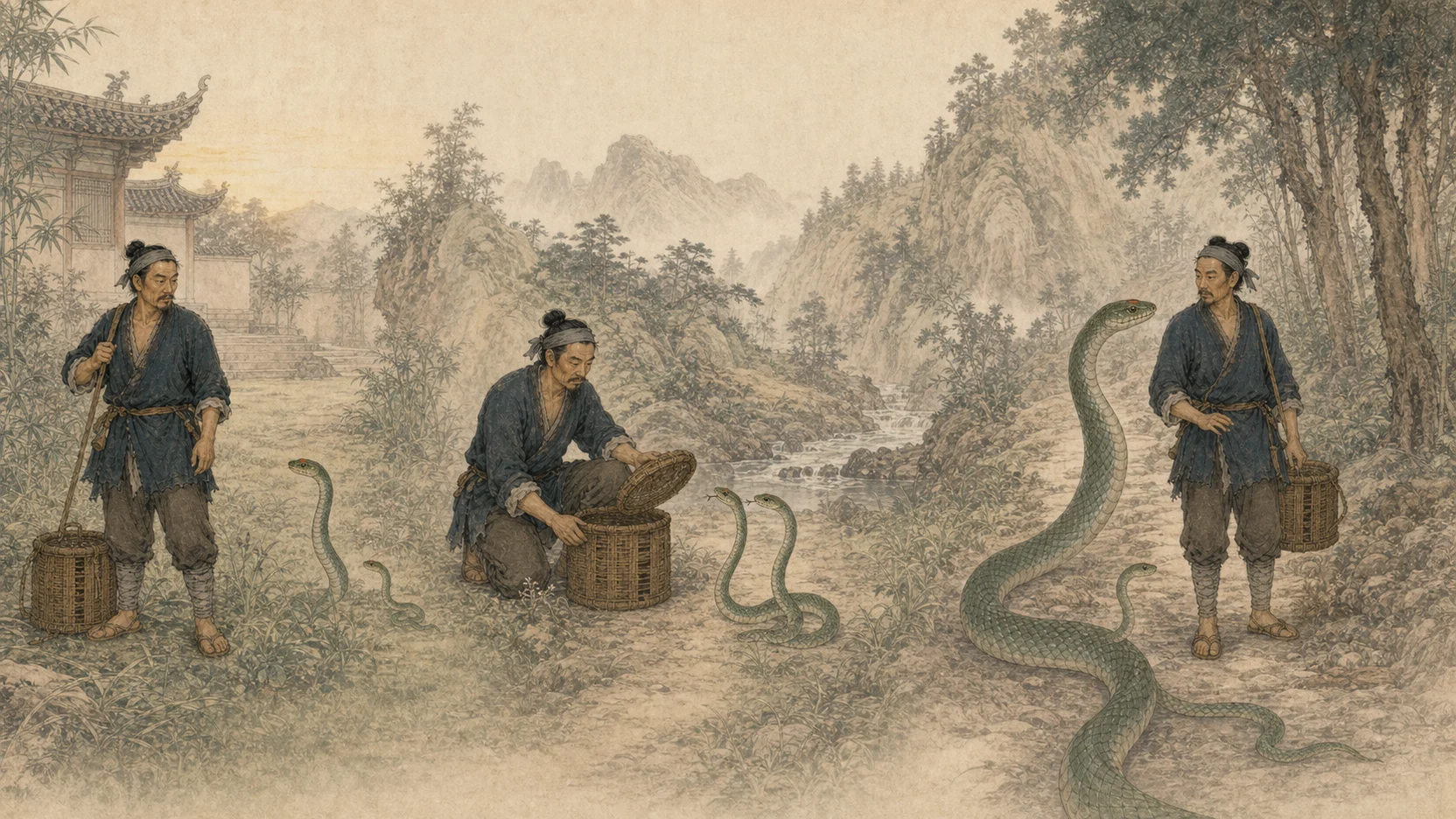 《蛇人》16:9连续长卷：山寺带回小青、东山放归告别、多年后朱点相认并携小青入山