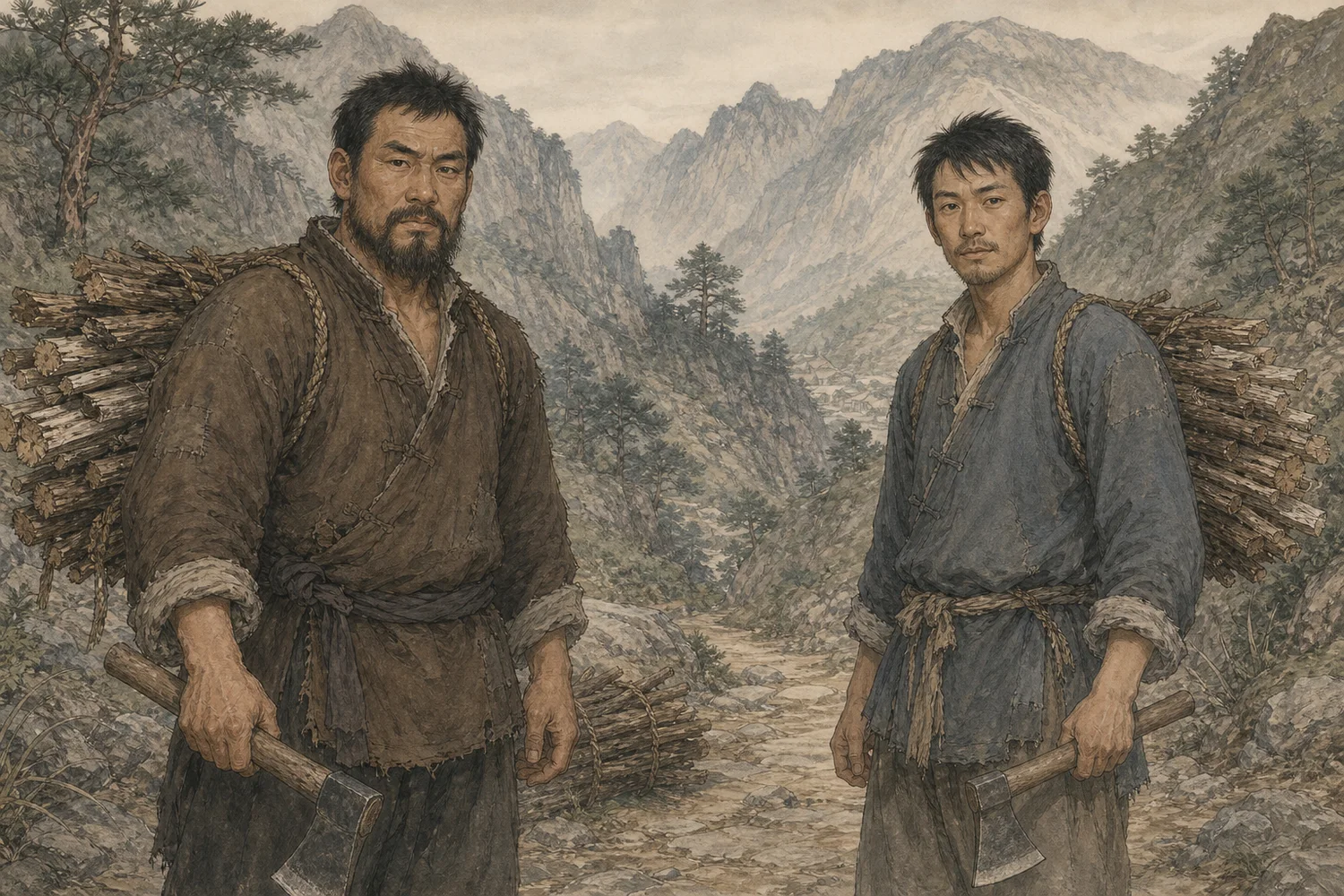 《斫蟒》人物图：左侧是壮实方脸、浓眉短髯的胡家兄长，右侧是瘦削长脸、窄眼短须的胡家弟弟，二人背柴持樵斧