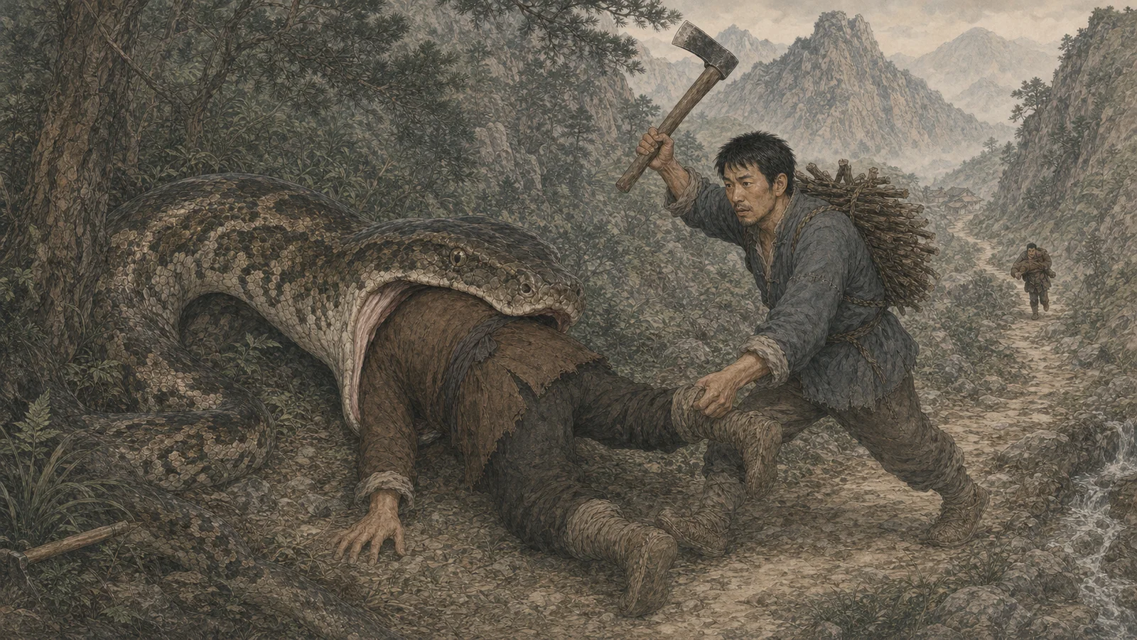 《斫蟒》16:9主图：深山幽谷中巨蟒从头吞住壮实的胡家兄长，瘦削的弟弟一手抓住哥哥双腿、一手举起樵斧