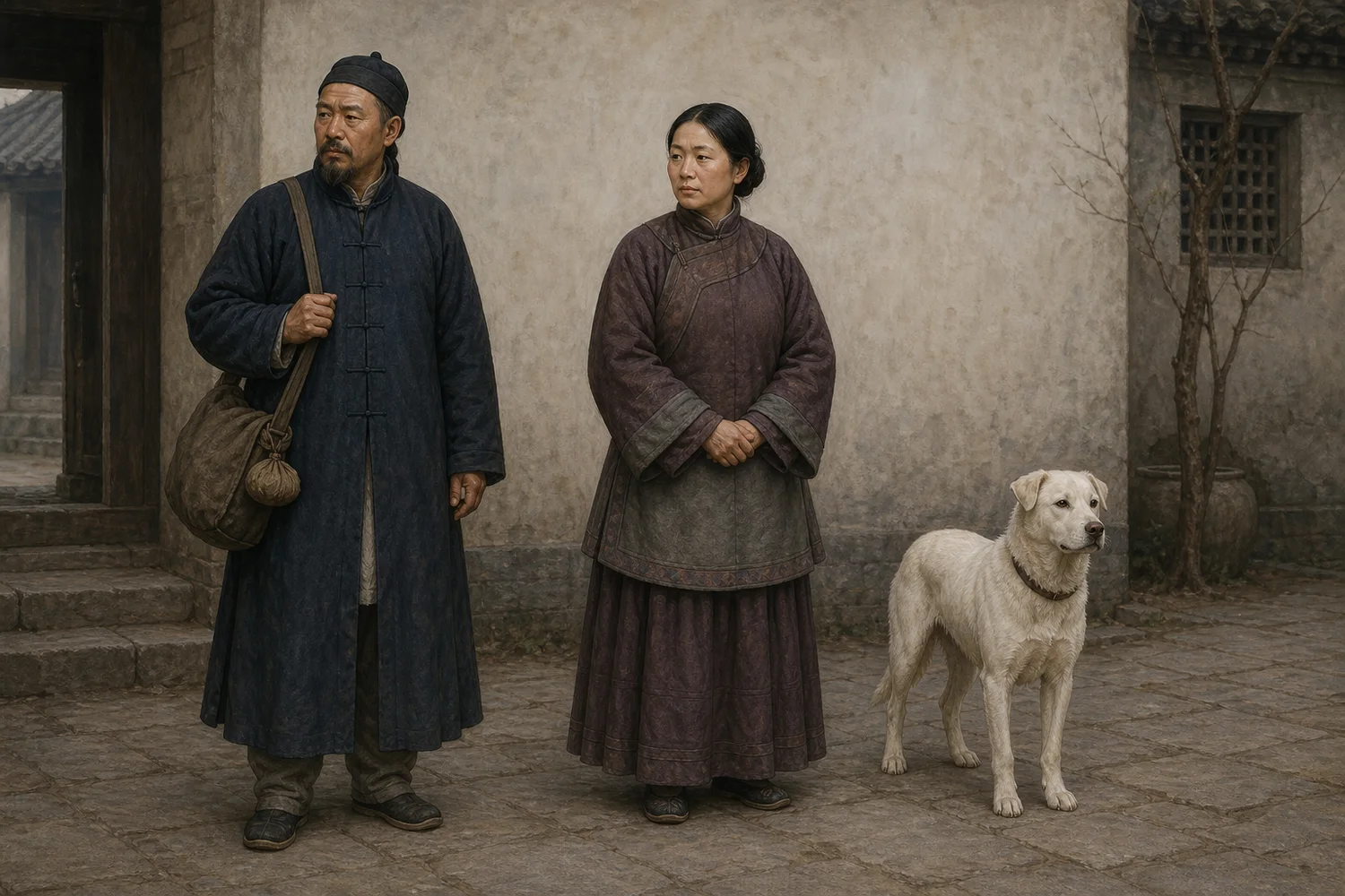 《犬奸》人物图：青州贾某、完整着装的成年妻子与普通白犬并列站在院中