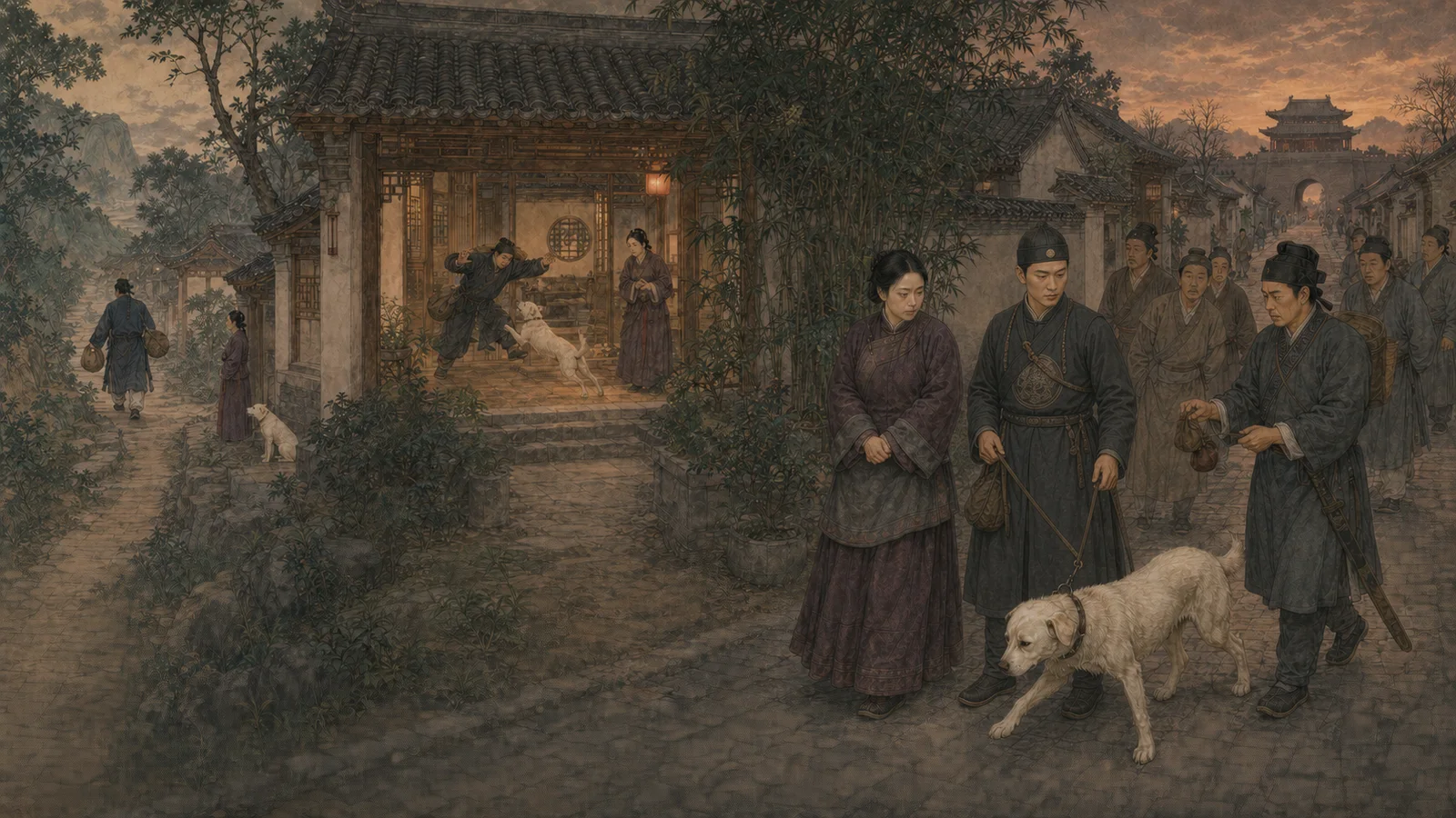 《犬奸》16:9连续主图:左侧贾某离家经商,中部白犬攻击返家的贾某,右侧官差押解妇人与白犬并向围观者收钱