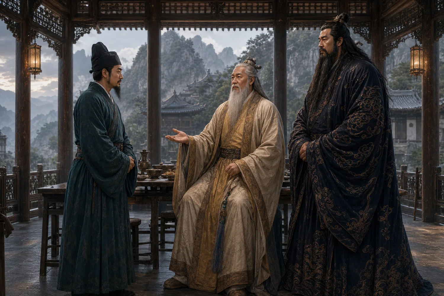 《雹神》人物图：王筠苍、张天师与雹神李左车并列站在龙虎山庭院中