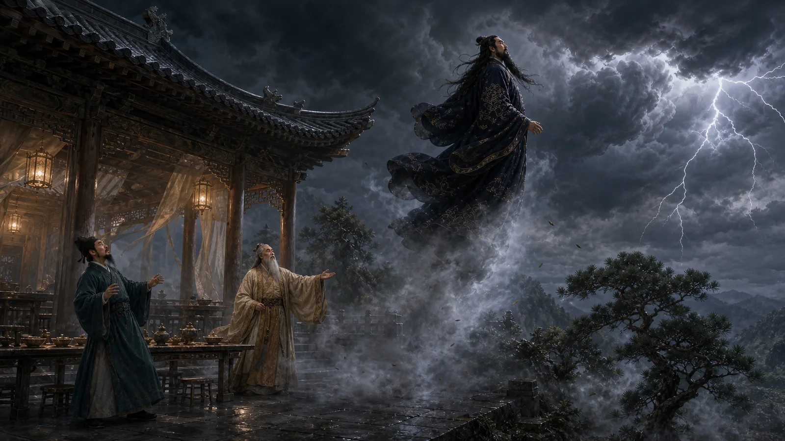 龙虎山庭院中,雹神李左车脚下生烟缓慢升空,王筠苍惊望,张天师在旁镇定注视