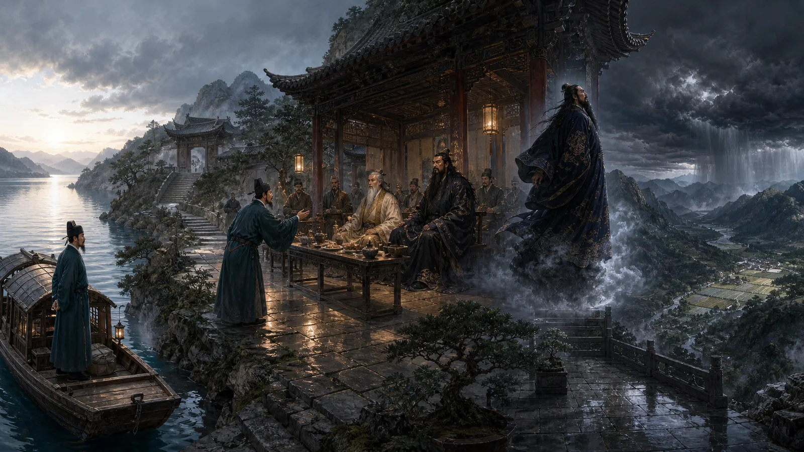 《雹神》16:9连续全景:左侧鄱阳湖迎客,中部龙虎山宴席求情,庭院中雹神腾空,右侧章丘山谷积雹而农田避灾