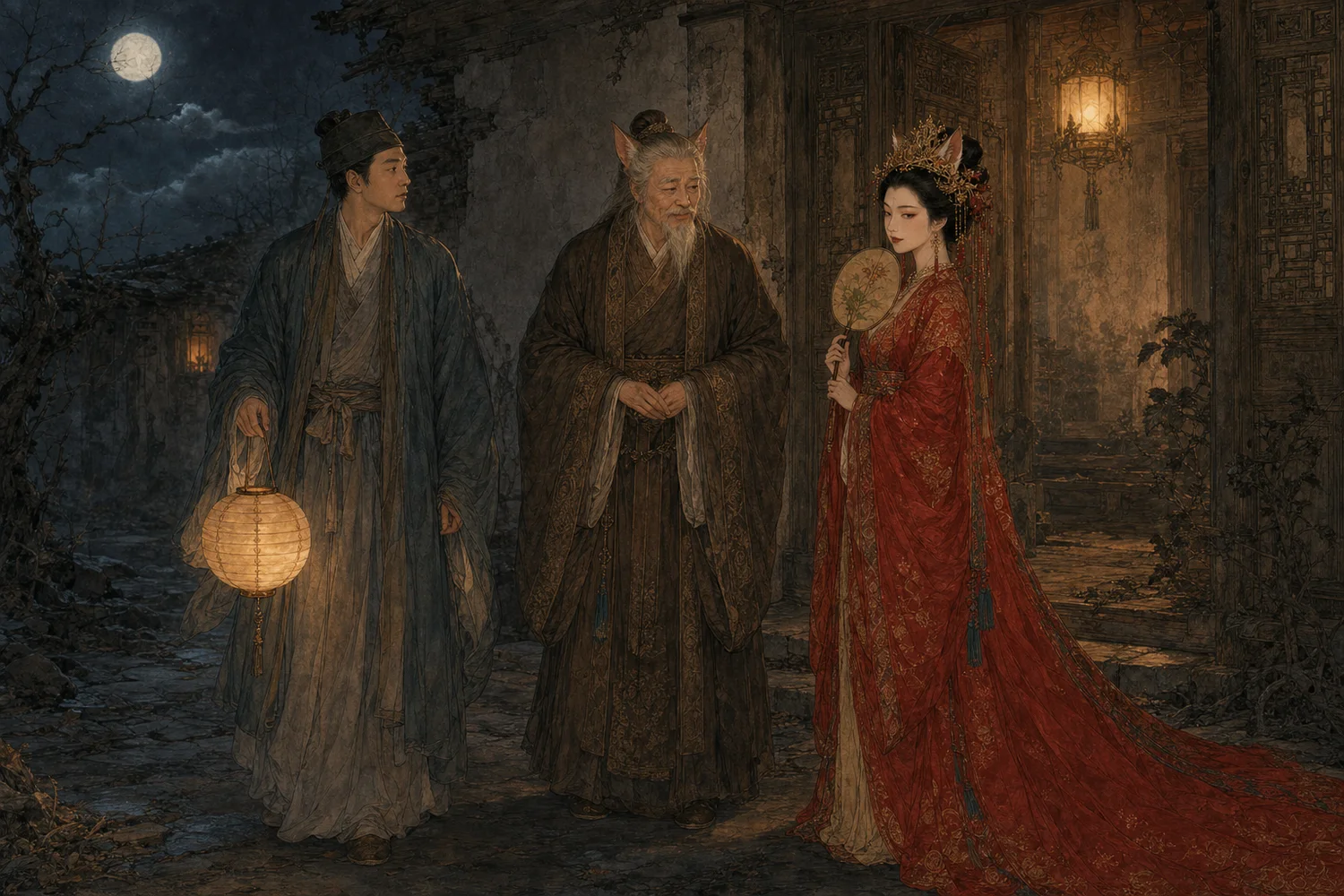 《狐嫁女》人物图：殷士儋提灯，狐翁居中，成年狐女着红金婚服站在荒宅门前