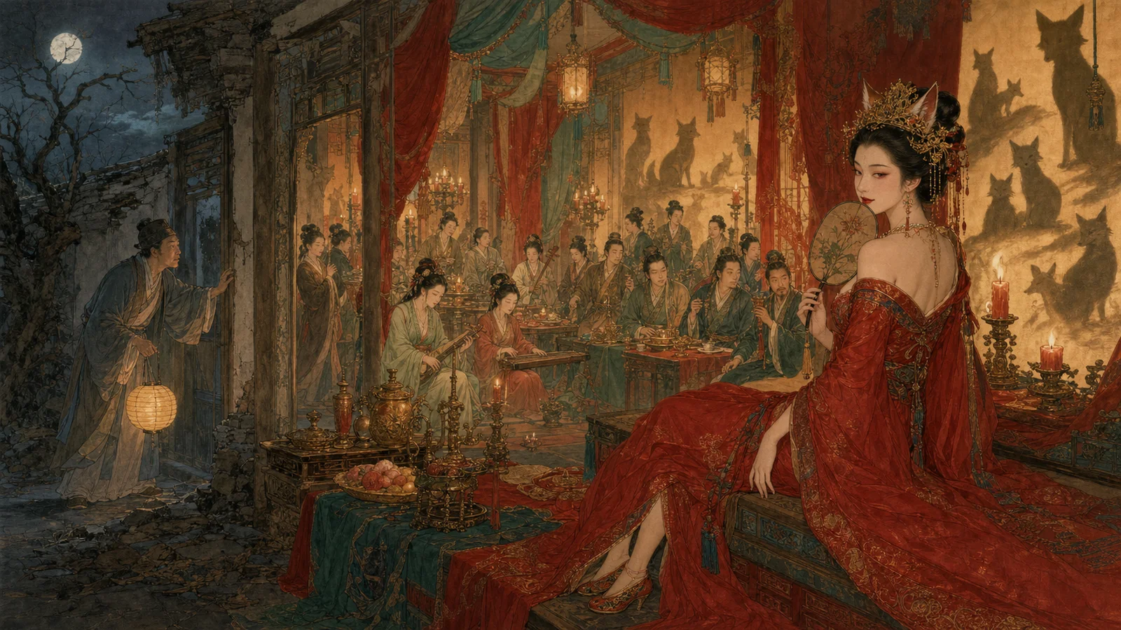 画册婚宴场景：殷士儋从月下荒宅门口望入灯火通明的狐家婚宴，成年狐女着红金婚服坐于右侧
