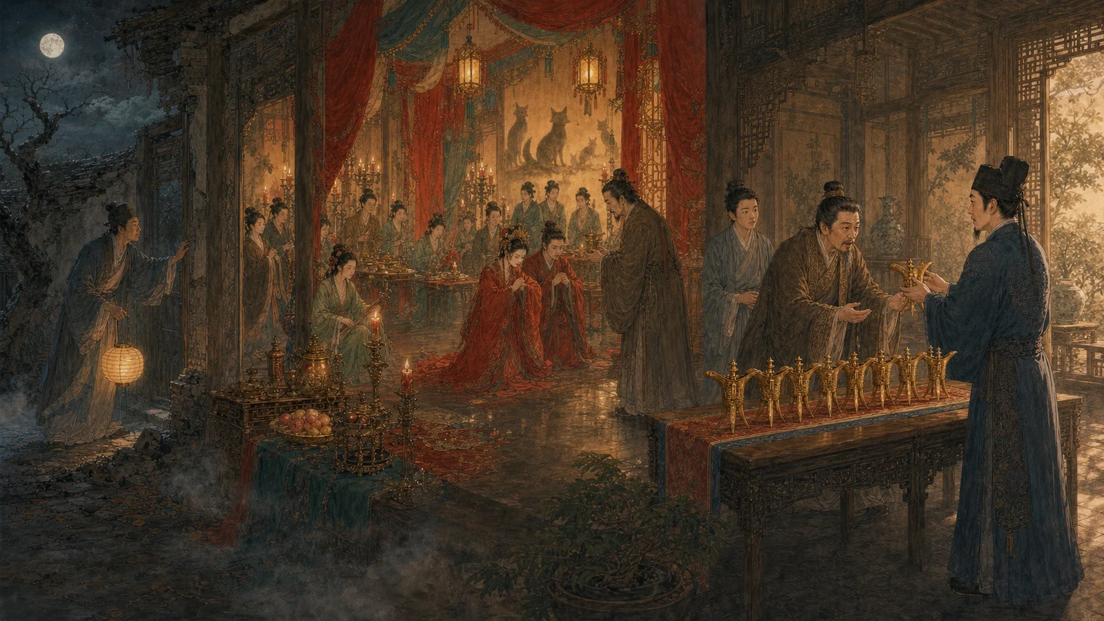 《狐嫁女》16:9连续全景：殷士儋月下进入荒宅，中部参加狐家婚宴，右侧多年后把第八只金爵归还朱家