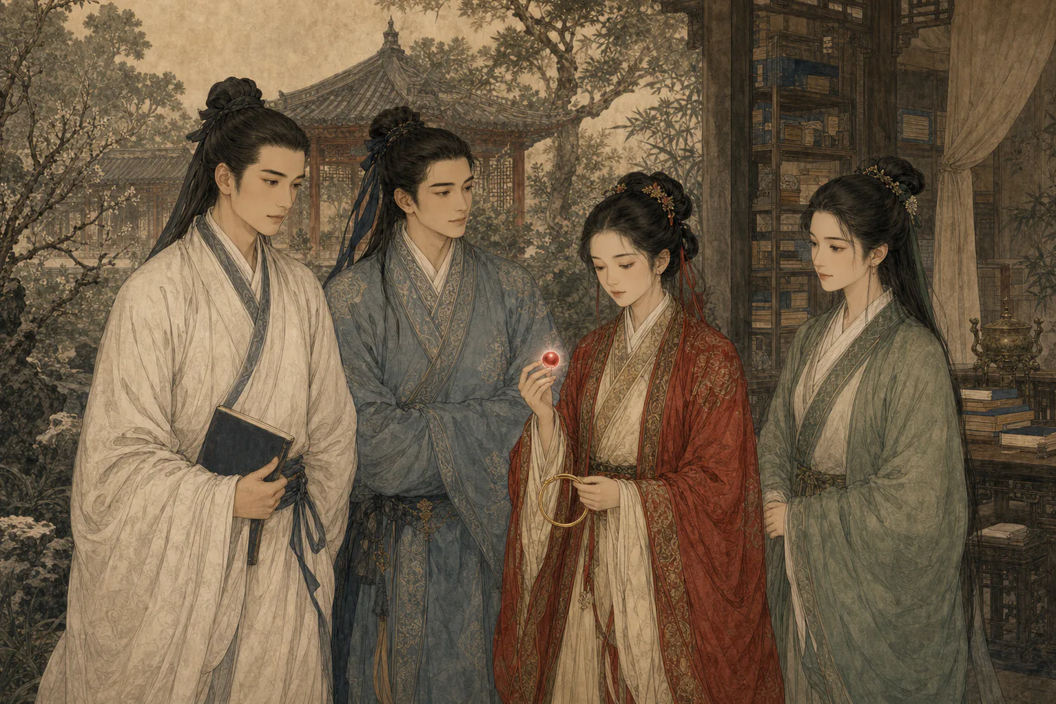 《娇娜》人物图：孔生、皇甫公子、少年娇娜与成年松娘分立庭院