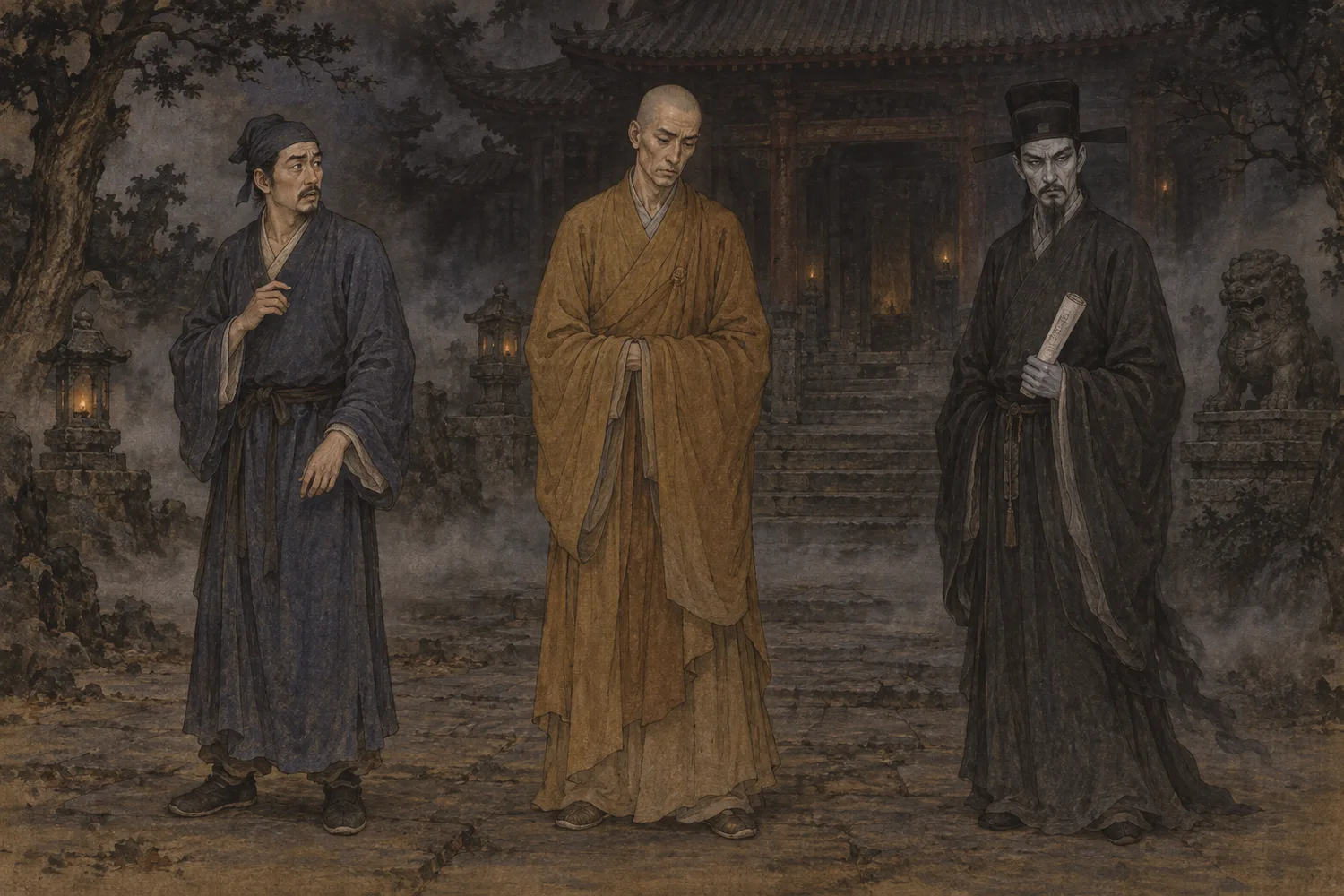 靛蓝衣张姓、赭衣和尚与黑衣鬼使的独立人物图