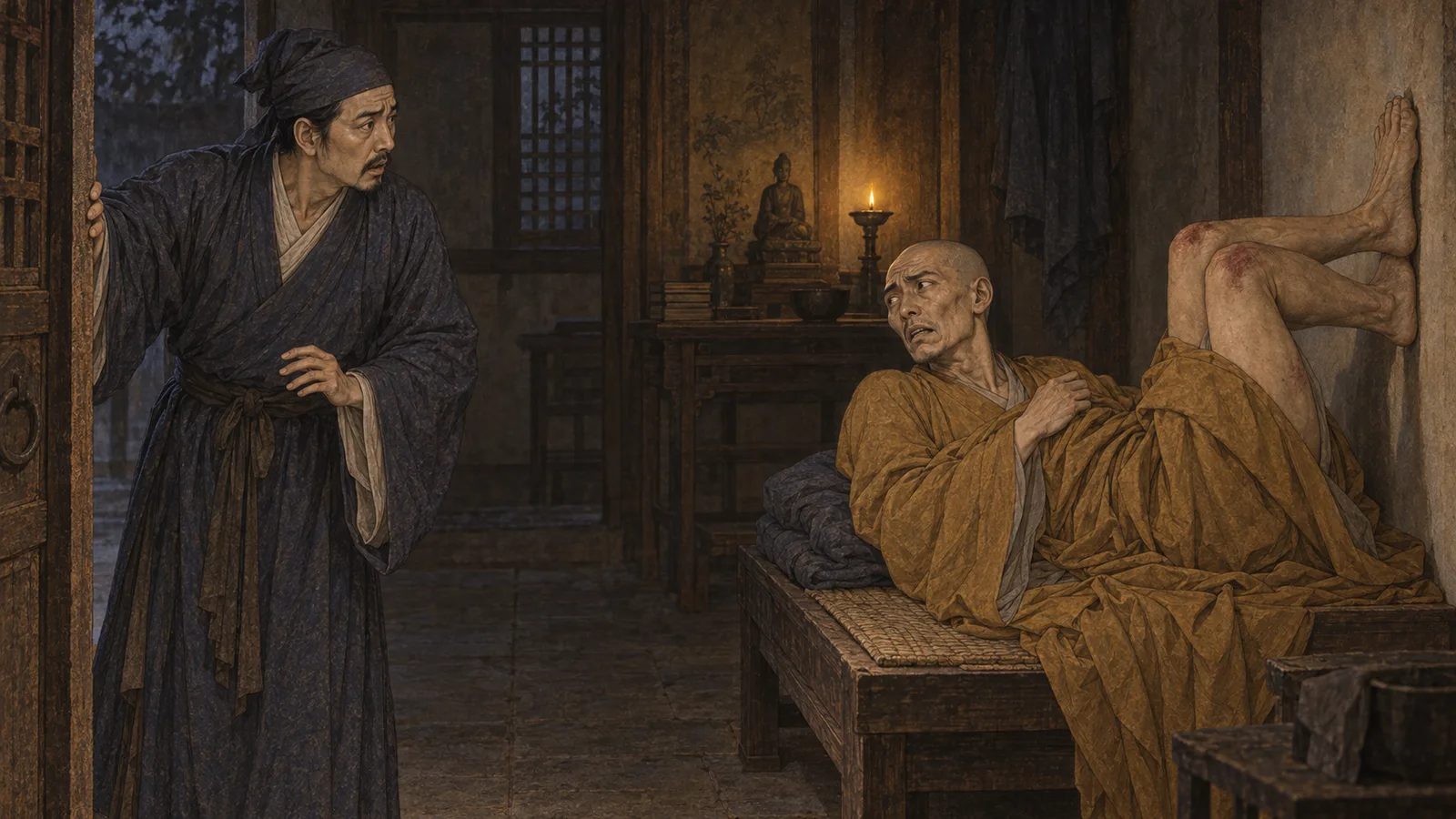 张姓进入寺室，看见哥哥双足倚壁缓痛，两兄弟相对惊惧