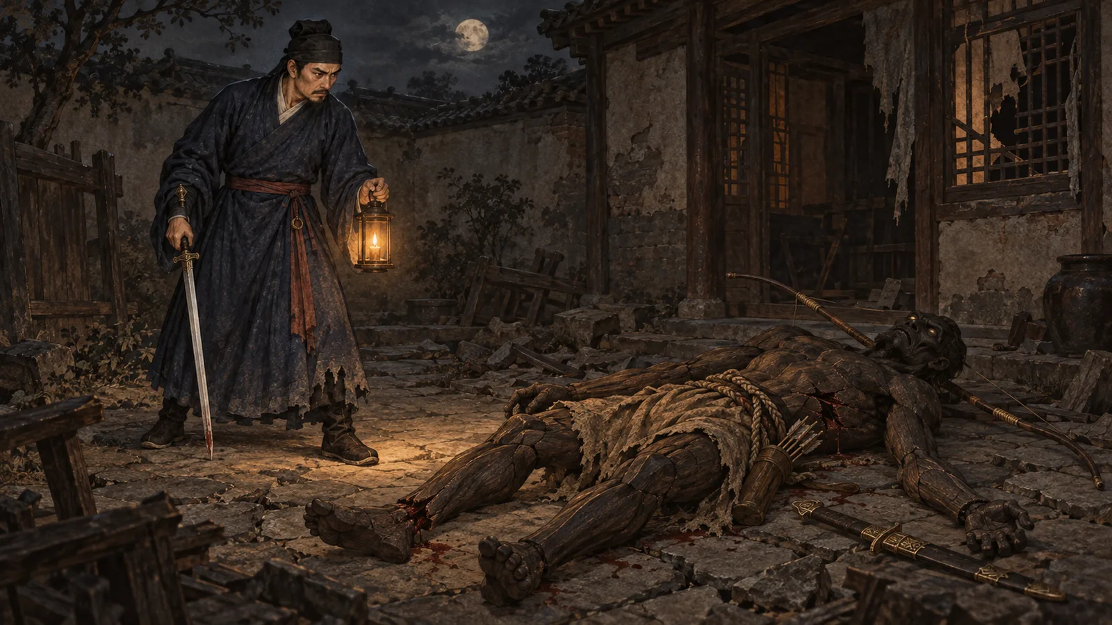 月夜庭院中，于公持灯查看倒地木偶，剑击处流血，弓箭仍在腰际