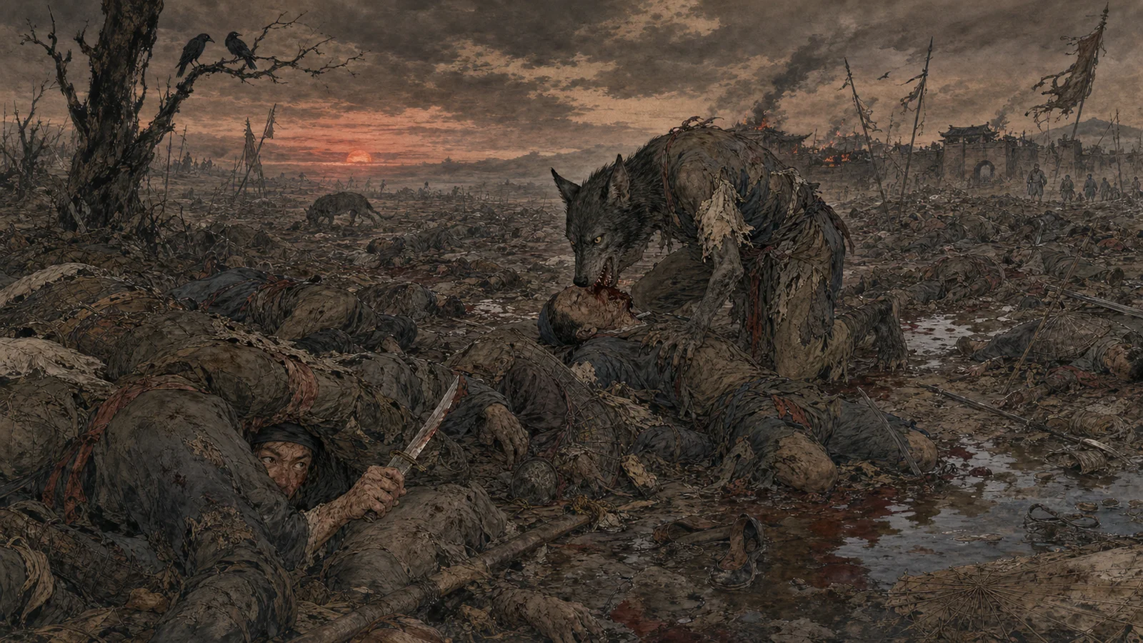 《野狗》16:9主画：夜色战场的尸堆中，李化龙藏身，黑色犬首人身的野狗子伏啮尸首
