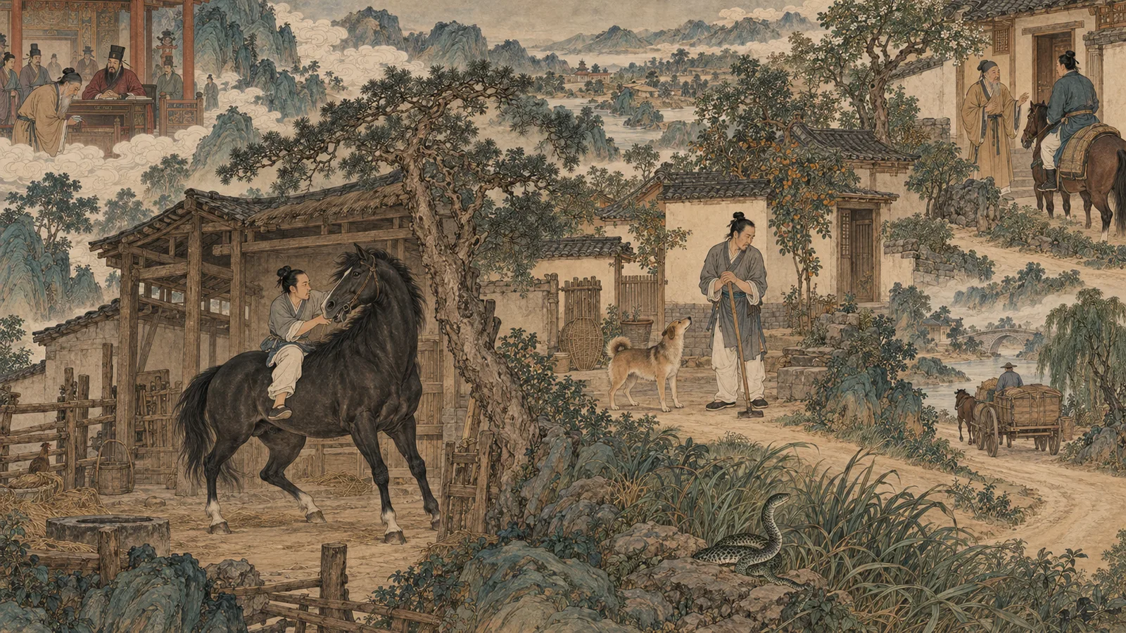 阴司倒茶、马身遭裸骑、犬身与主人、草中蛇和复为人后劝骑者的连续长卷
