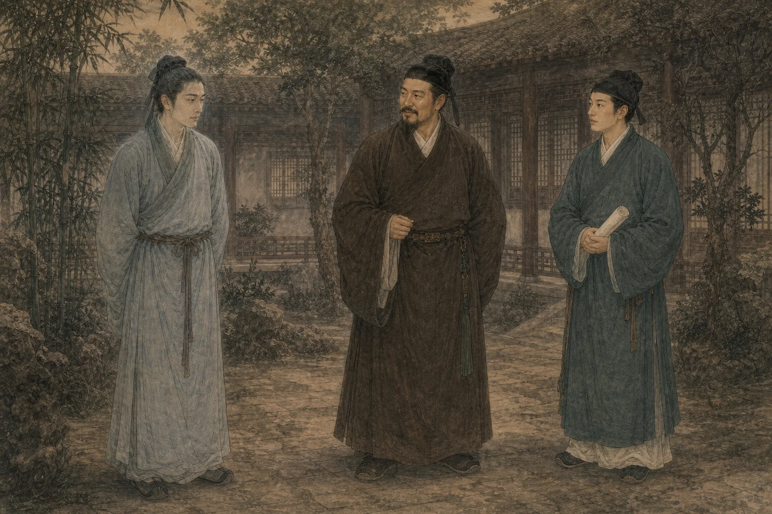 《叶生》人物图：左为瘦削白衣叶生，中为年长方脸丁乘鹤，右为年轻青衣丁再昌