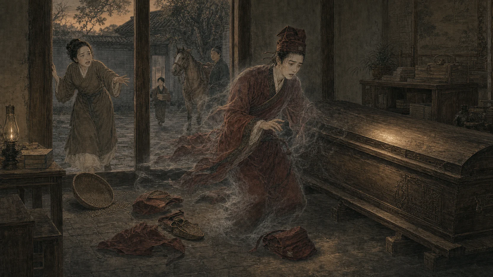 叶生穿举人衣冠归家，见自己的木棺后仆地消散，妻子惊退，门外有丁家仆马与归学的叶子