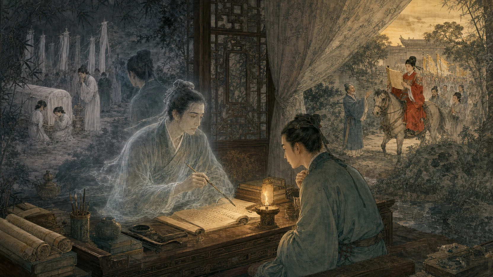 《叶生》16:9主图：左侧故乡停柩与家人哀悼，中部叶生魂魄在灯下教授丁再昌，右侧丁再昌红衣骑马登第、丁乘鹤迎接