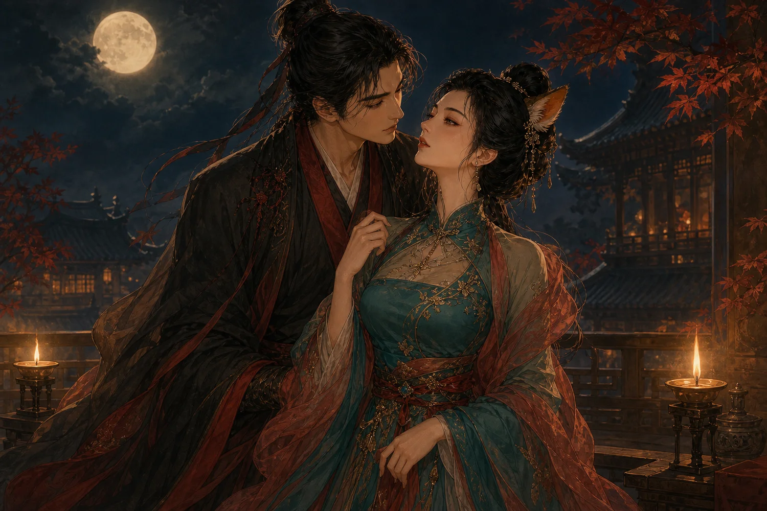 成年青凤与成年耿去病在月夜重楼相对，青凤为青绿红纱狐女形象