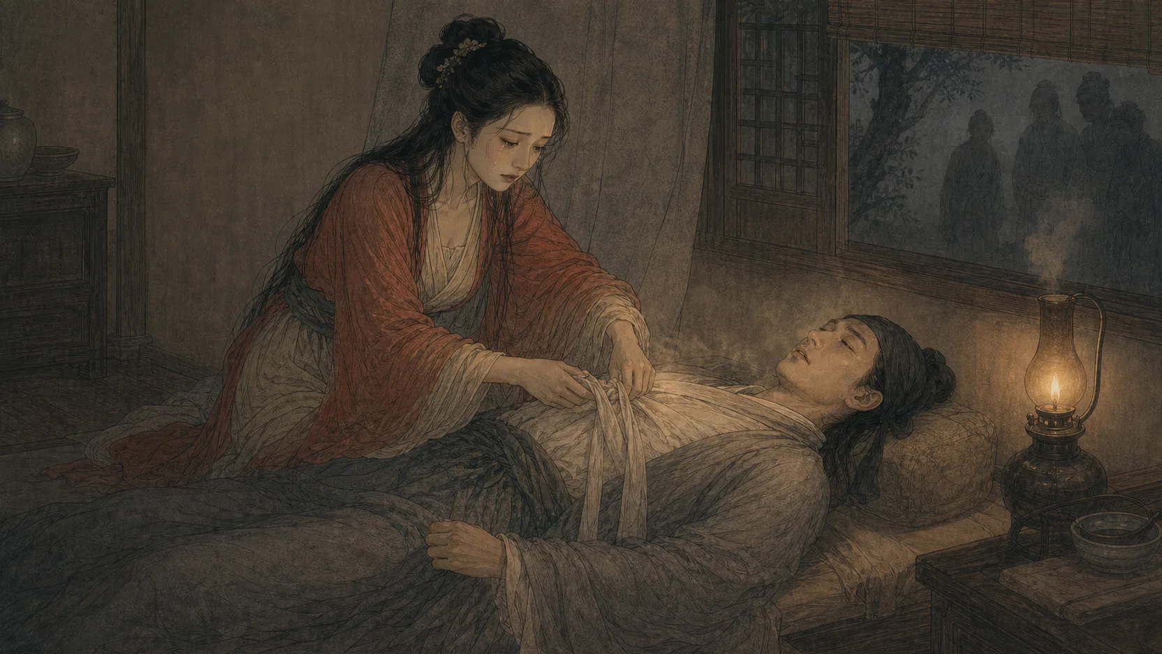陈氏独自在床边合住王生胸前伤口，并用缯帛紧紧缠束，门外家人远远观望