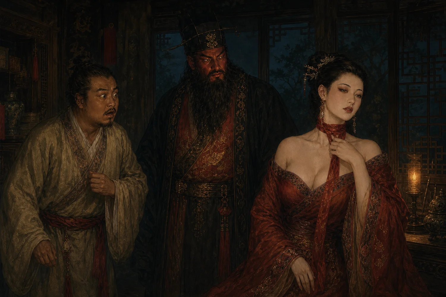成年朱尔旦、陆判与换头后的成年朱妻并立，朱妻着深红低领衣裙