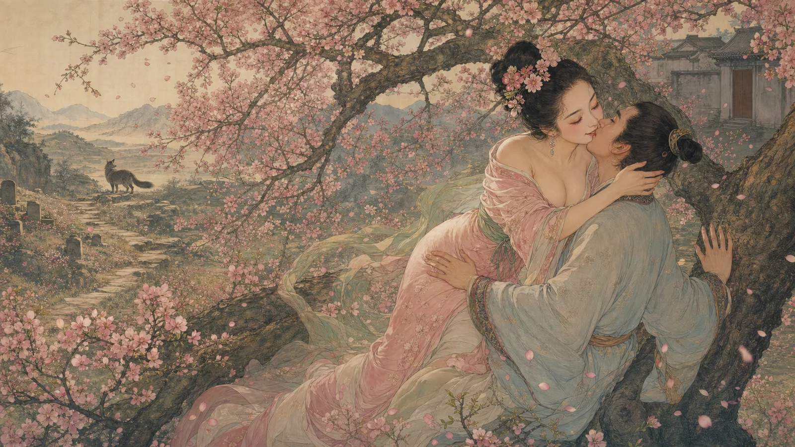 成年婴宁与成年王子服在繁花山水间亲吻
