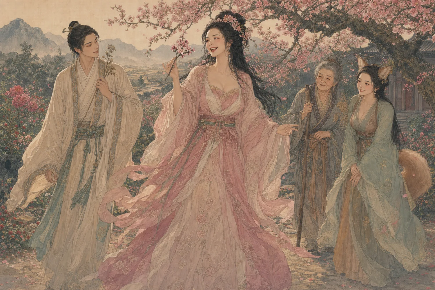 成年婴宁、成年王子服、秦媪与成年小荣立于繁花山园