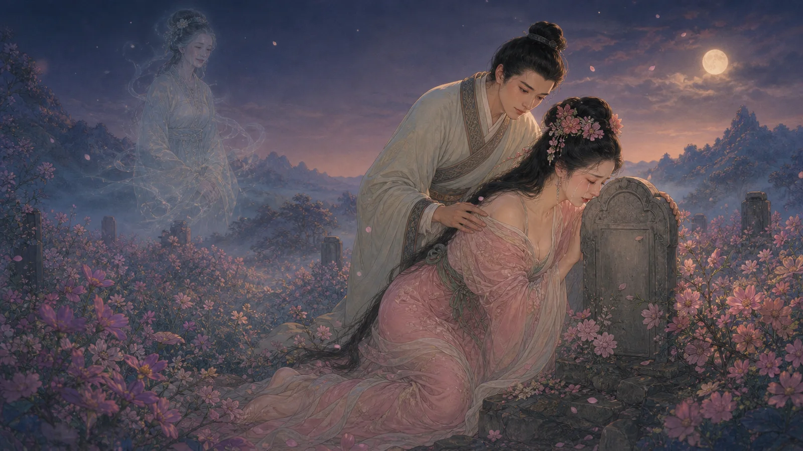 成年婴宁在暮色花野中伏于鬼母墓前落泪,成年王子服在身后扶慰