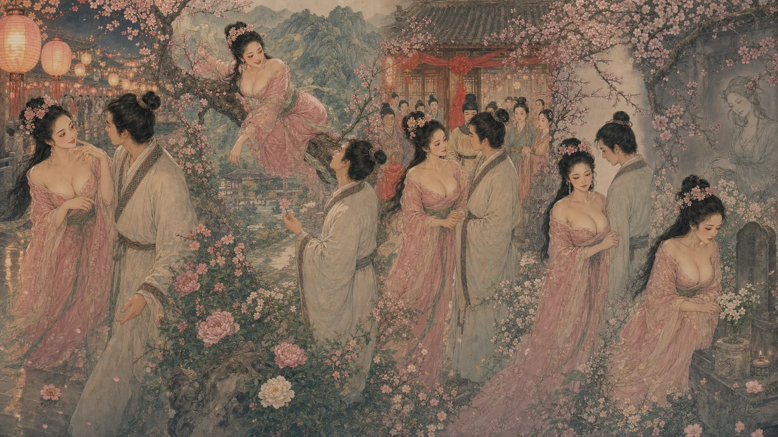 成年婴宁与成年王子服从上元相遇、山园逗乐、成婚到鬼母墓前的连续叙事主画