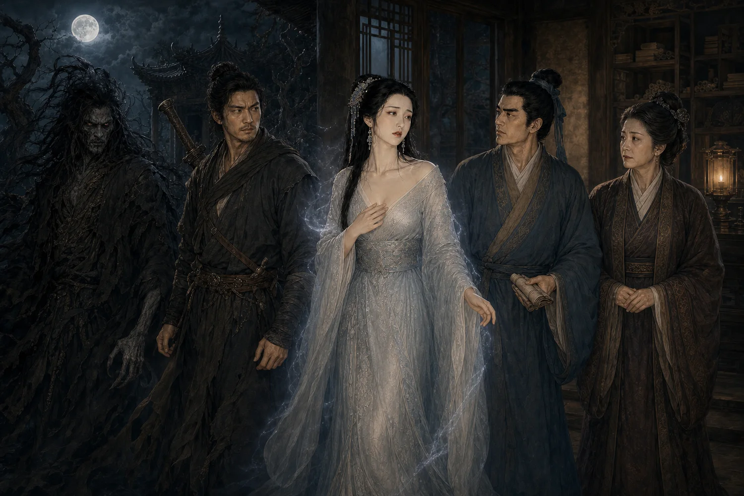 月下兰若与宁家书斋之间，夜叉、燕赤霞、成年聂小倩、宁采臣和宁母五人并立