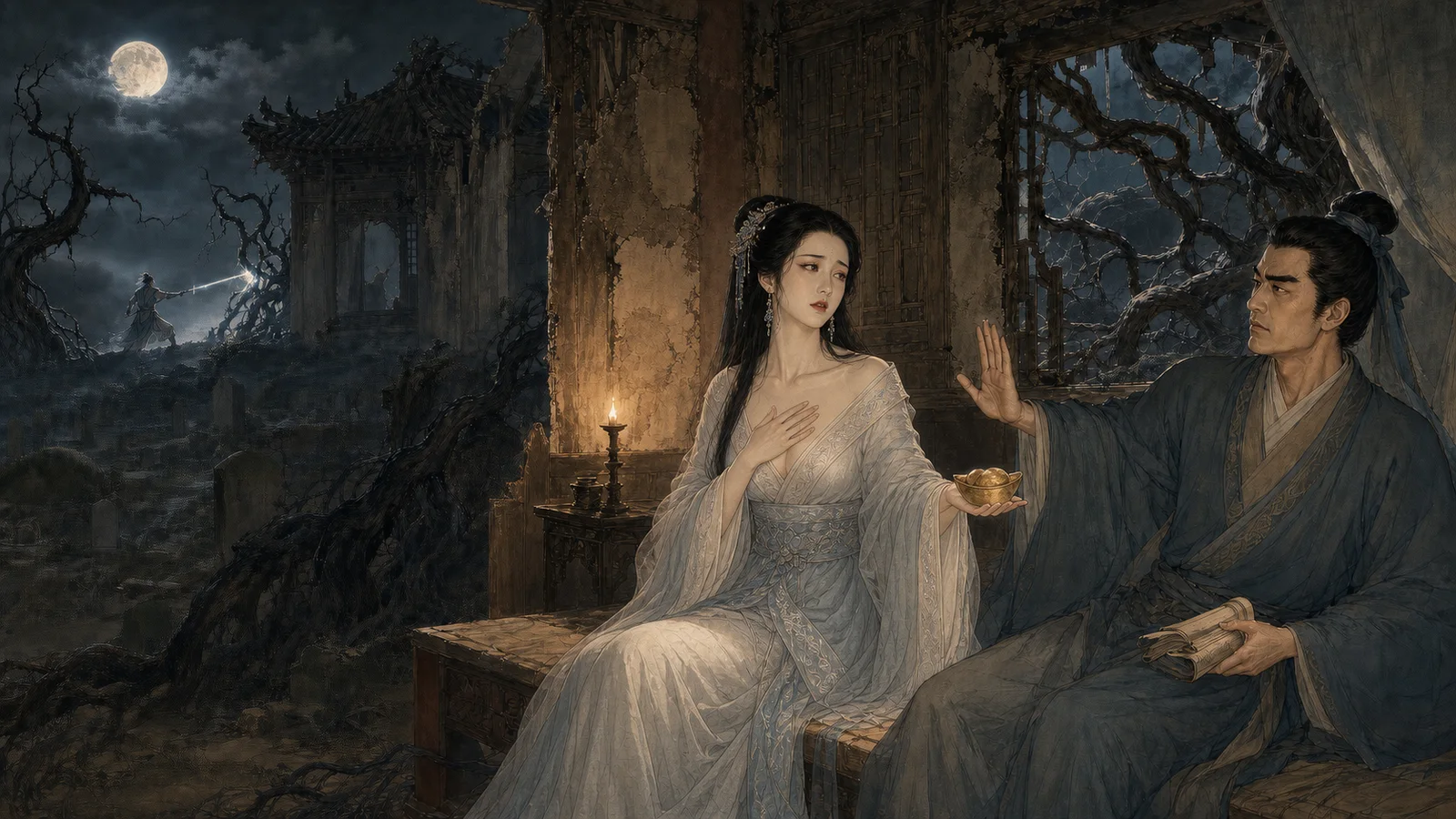 月夜荒寺中成年聂小倩持金试探宁采臣,远处燕赤霞剑光斩向妖影