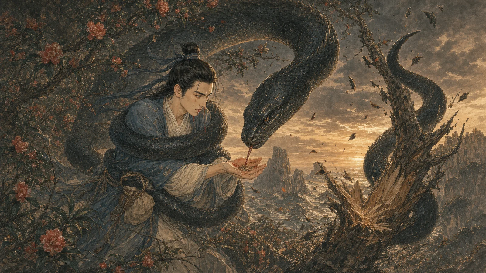 张生被黑青巨蛇缠住，用掌中毒狐药混合鼻血诱蛇吸饮，蛇尾撞裂耐冬树
