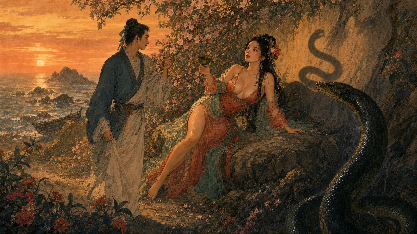 古迹岛暮色耐冬花海，成年张生与红衣女子举杯，黑青巨蛇从右侧树丛逼近