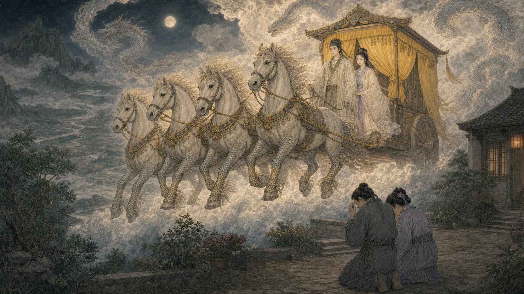 四匹腿生鳞甲的龙马驾着黄幨车腾云而起，祝生与寇三娘盛装同乘，祝鹗夫妇在庭中哭拜，云中龙影环绕