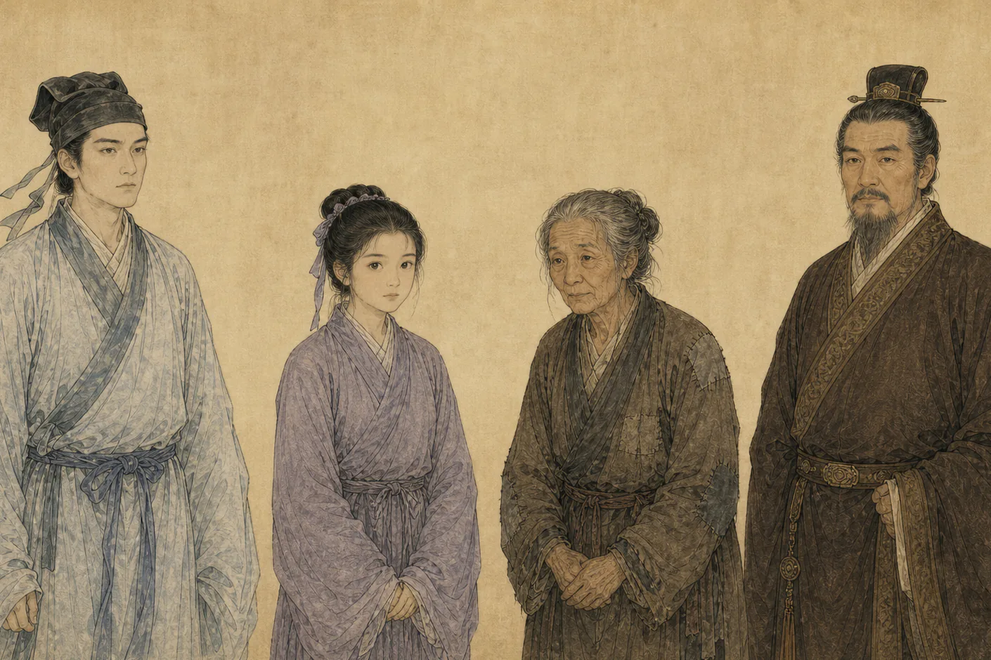 《水莽草》人物介绍图：祝生、寇三娘、祝母与寇父并列