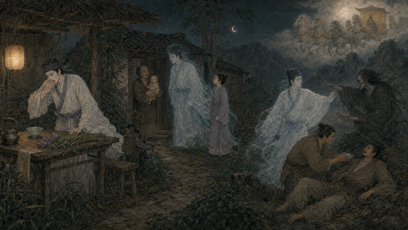 《水莽草》多场景长卷：祝生饮下毒茶、鬼身归家奉母、驱逐求代之鬼救人并获授神职