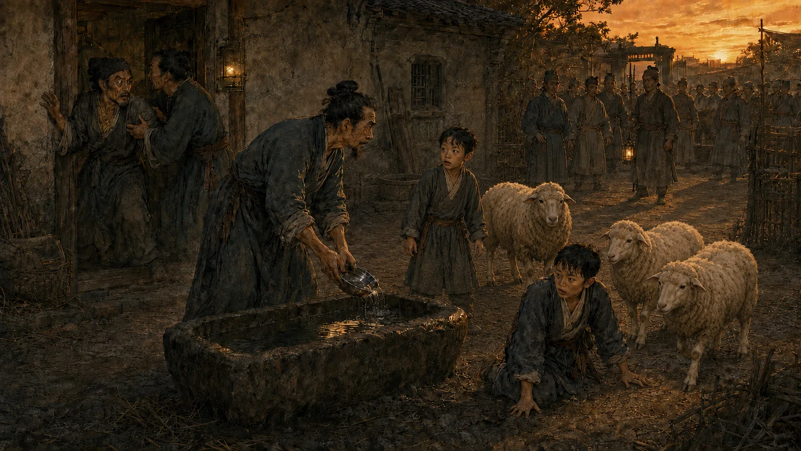 扬州旅店水槽旁，两名衣着完整的童子已经恢复人形，三只羊仍在等待饮水，差役从后方赶到