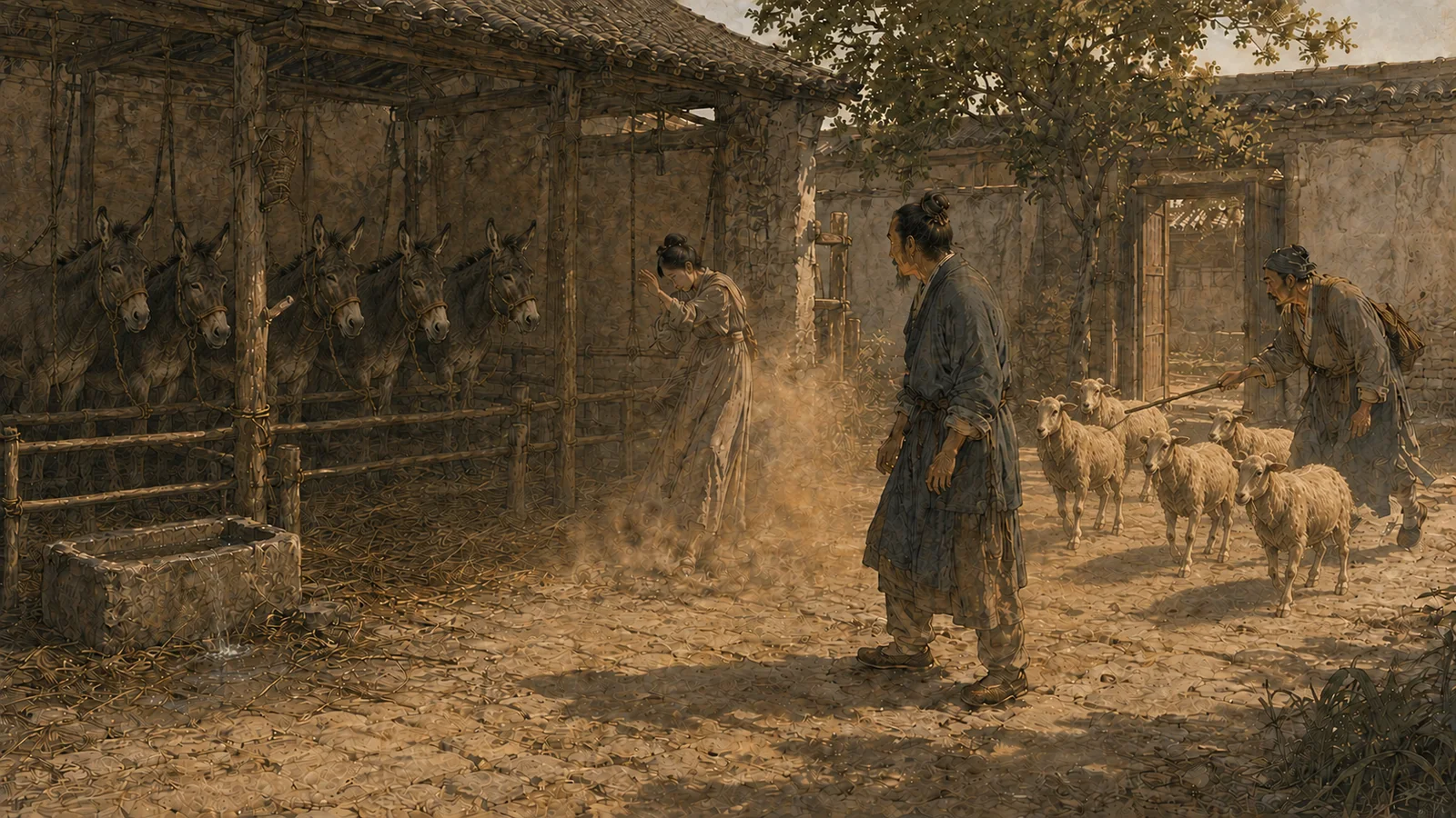 扬州旅店院内五头驴在左侧饮水复形，店主人居中观察，驴主从右侧赶入五只羊