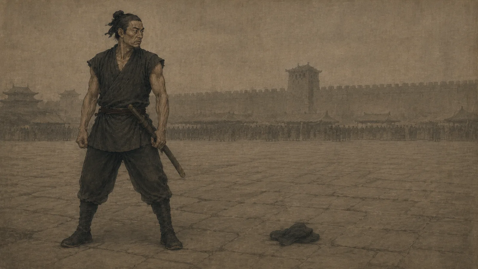 空旷石地与落帽前，黑衣兵卒转头望向画外声音的象征性最高光