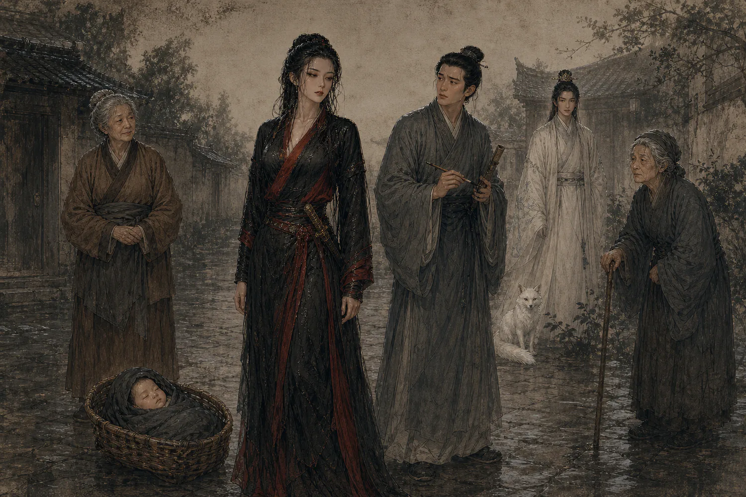 侠女、顾生、两位母亲、白狐少年和婴儿的独立人物图