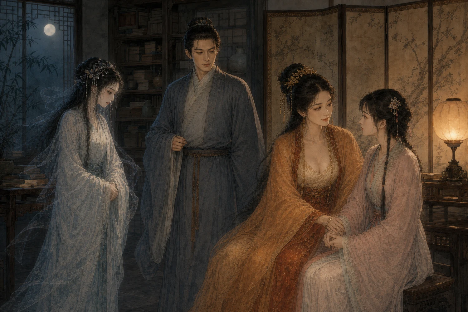《莲香》人物图：冷月与灯火之间，女鬼李氏、桑生、狐女莲香与复生后的燕儿同处书斋