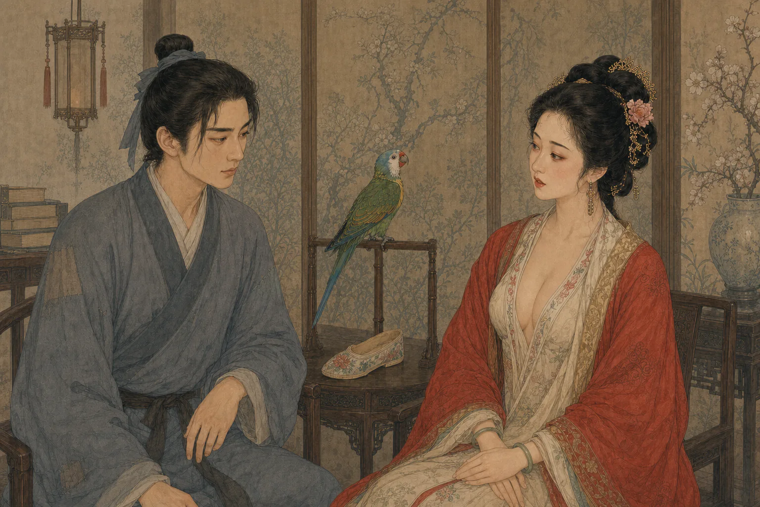 孙子楚与阿宝人物辨认图，中间有鹦鹉和绣履